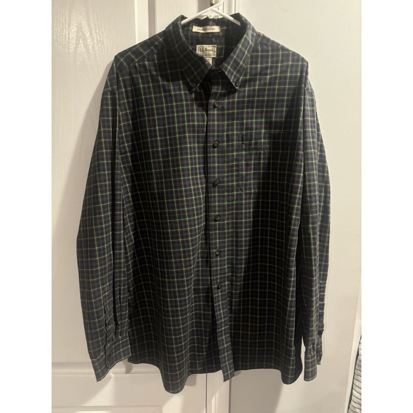 LL Bean Shirt Men's Button Down Casual Green Wrinkle‎ Free Plaid Size XL Blue - Picture 1 of 5